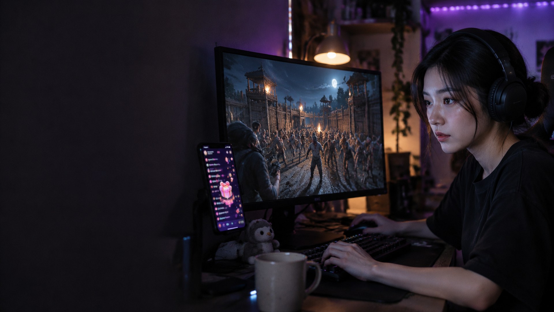 สตรีมเมอร์นั่งเล่นเกมเอาชีวิตรอดหน้าจอในห้องไฟม่วง ขณะฝูงซอมบี้บุกอยู่ในเกม