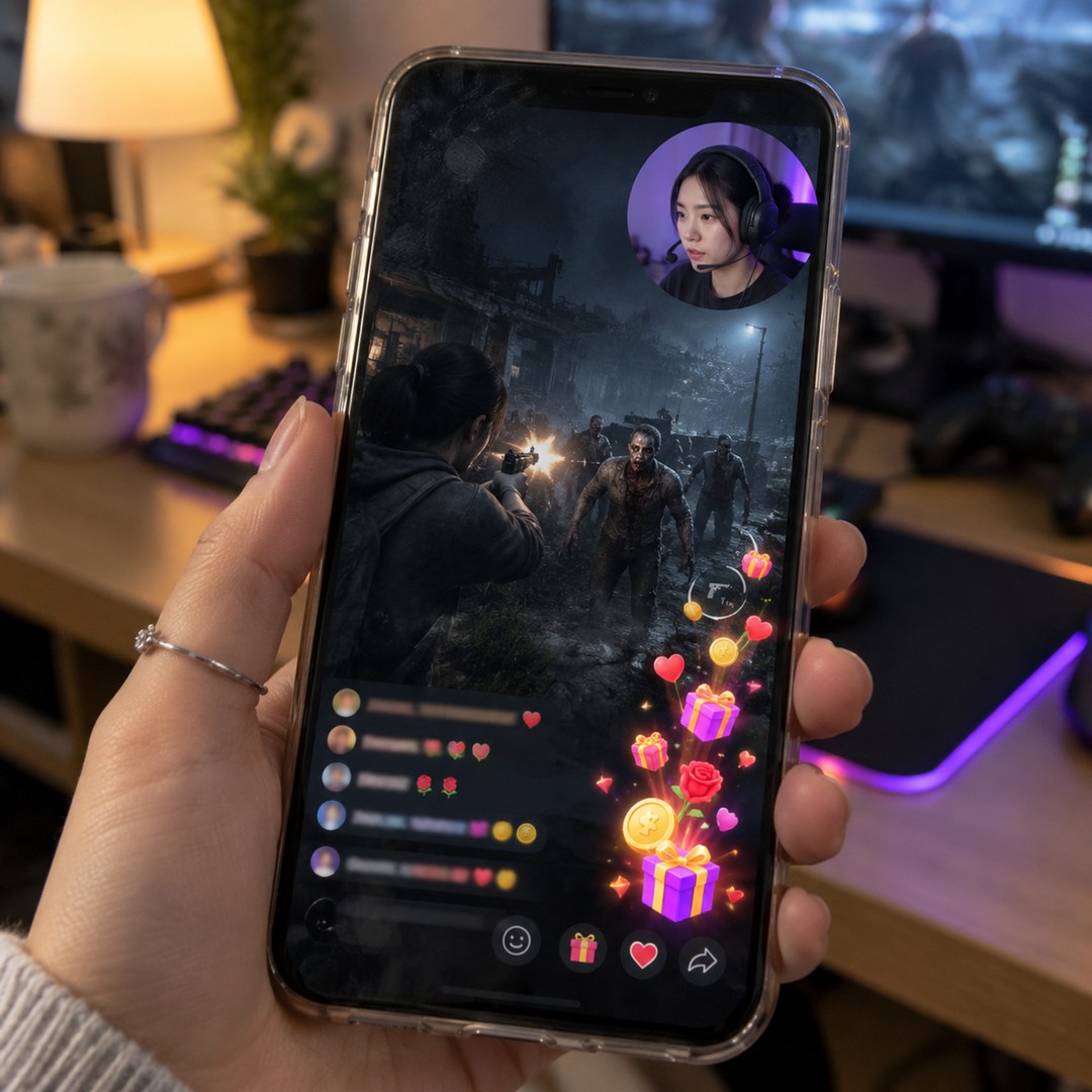 มือถือที่เปิดไลฟ์ TikTok มีของขวัญและแชตของคนดูวิ่งอยู่บนจอ