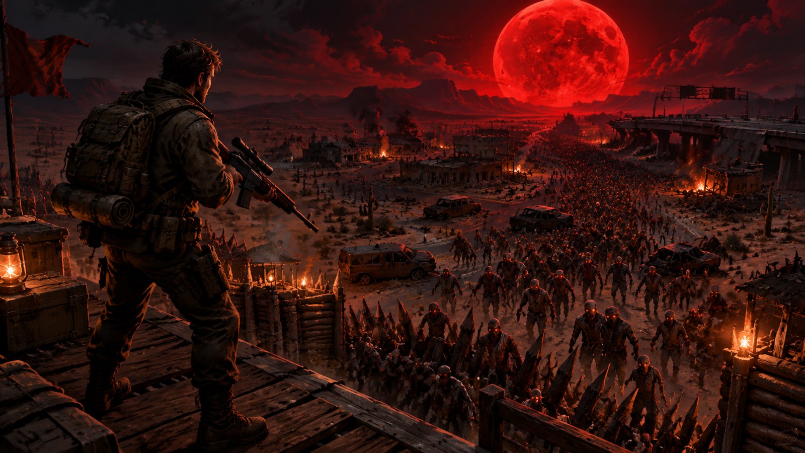 ภาพปก 7 Days to Die: ผู้รอดชีวิตถือปืนยืนบนระเบียงป้อมไม้ มองลงไปเห็นฝูงซอมบี้มหาศาลบนถนนทะเลทรายใต้จันทร์สีเลือด