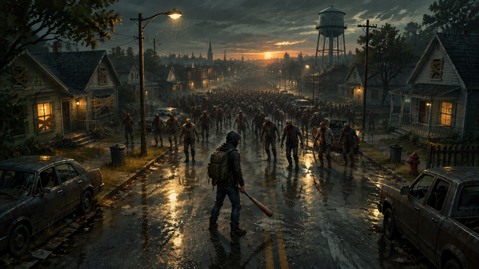 ภาพปก Project Zomboid: ผู้รอดชีวิตสะพายเป้ถือไม้เบสบอลยืนกลางถนนชานเมืองเปียกฝนตอนพลบค่ำ ฝูงซอมบี้เดินเข้ามาเต็มถนน